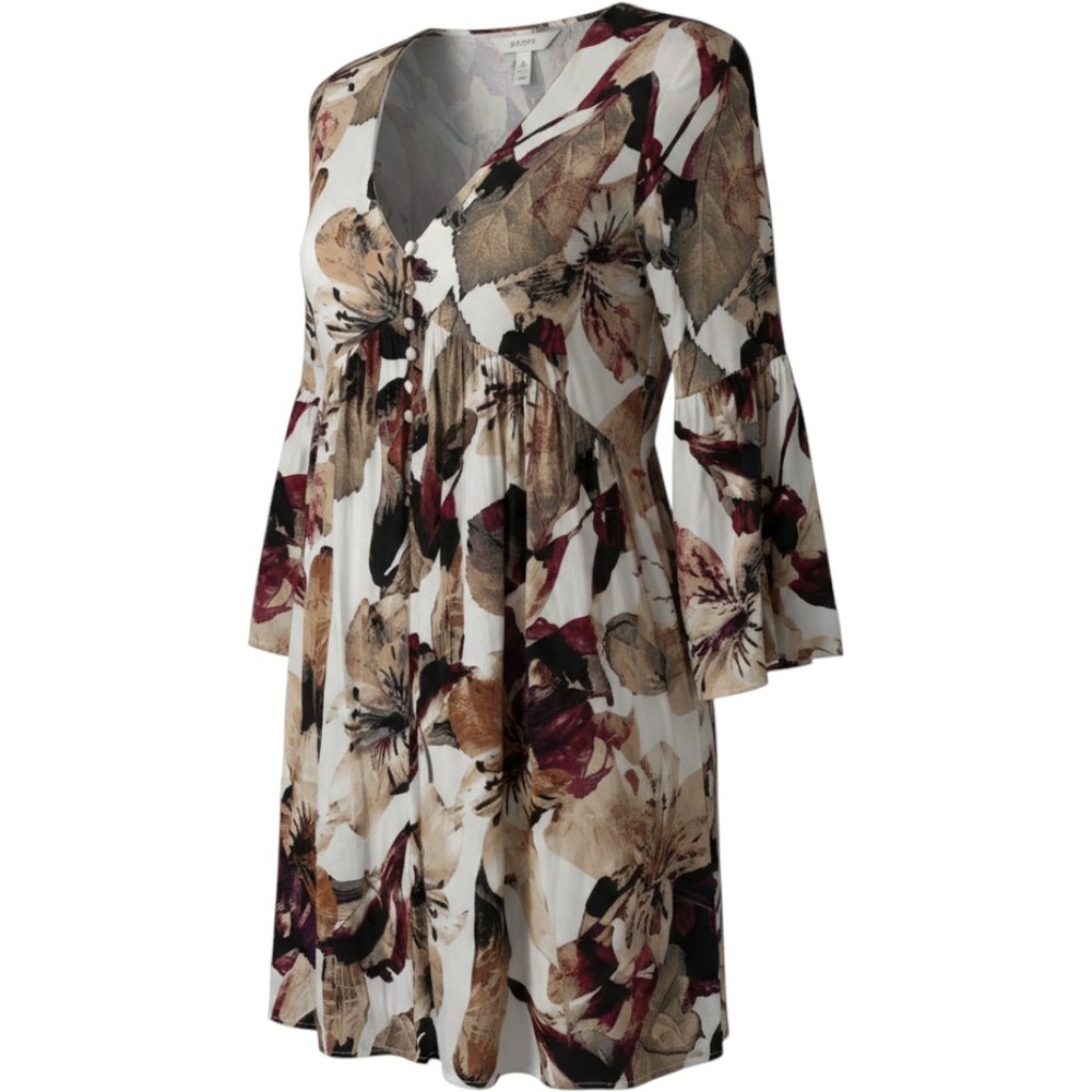 Entro Women Floral V-Neck Bell Sleeve Babydoll Mini Dress Brown White Medium